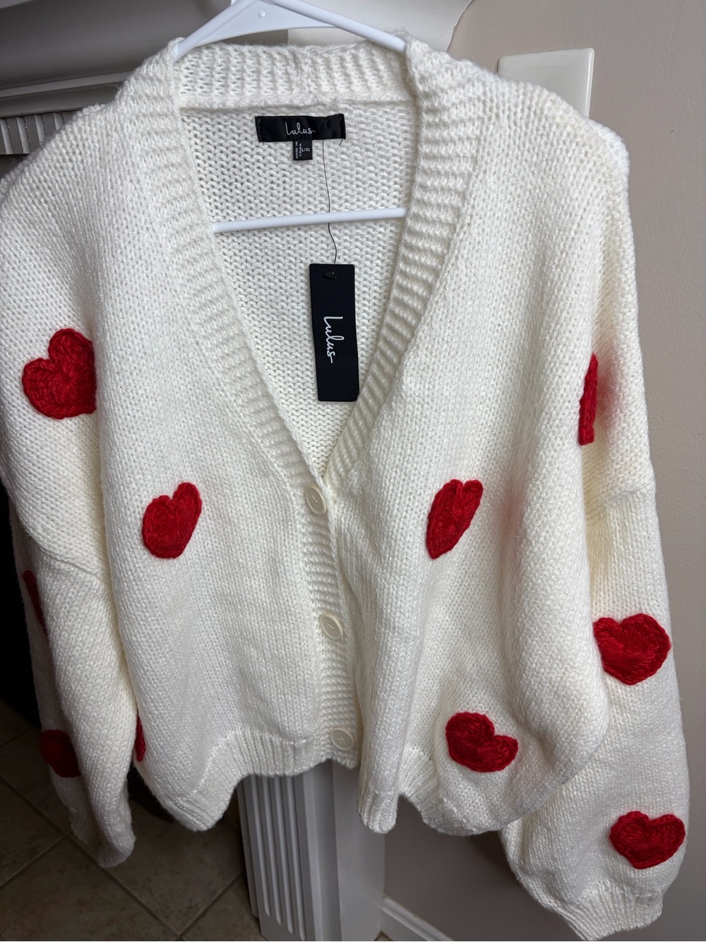 Lulu's Cream Cardigan with Red Heart Appliqués
